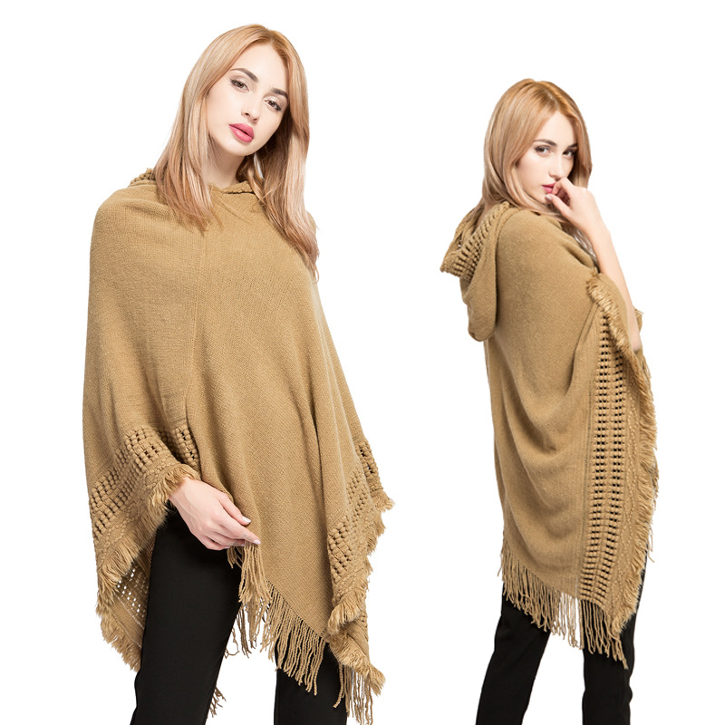 Autumn Winter Hooded Women Fringe Plus Size Knit Top New Imitation Cashmere Cape Shawl