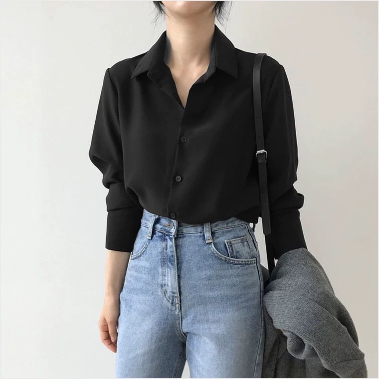 Black Chiffon Shirt Women Loose Polo Neck Long-Sleeve Top Professional OL Solid Color Hong Kong Style Base Blouse Women