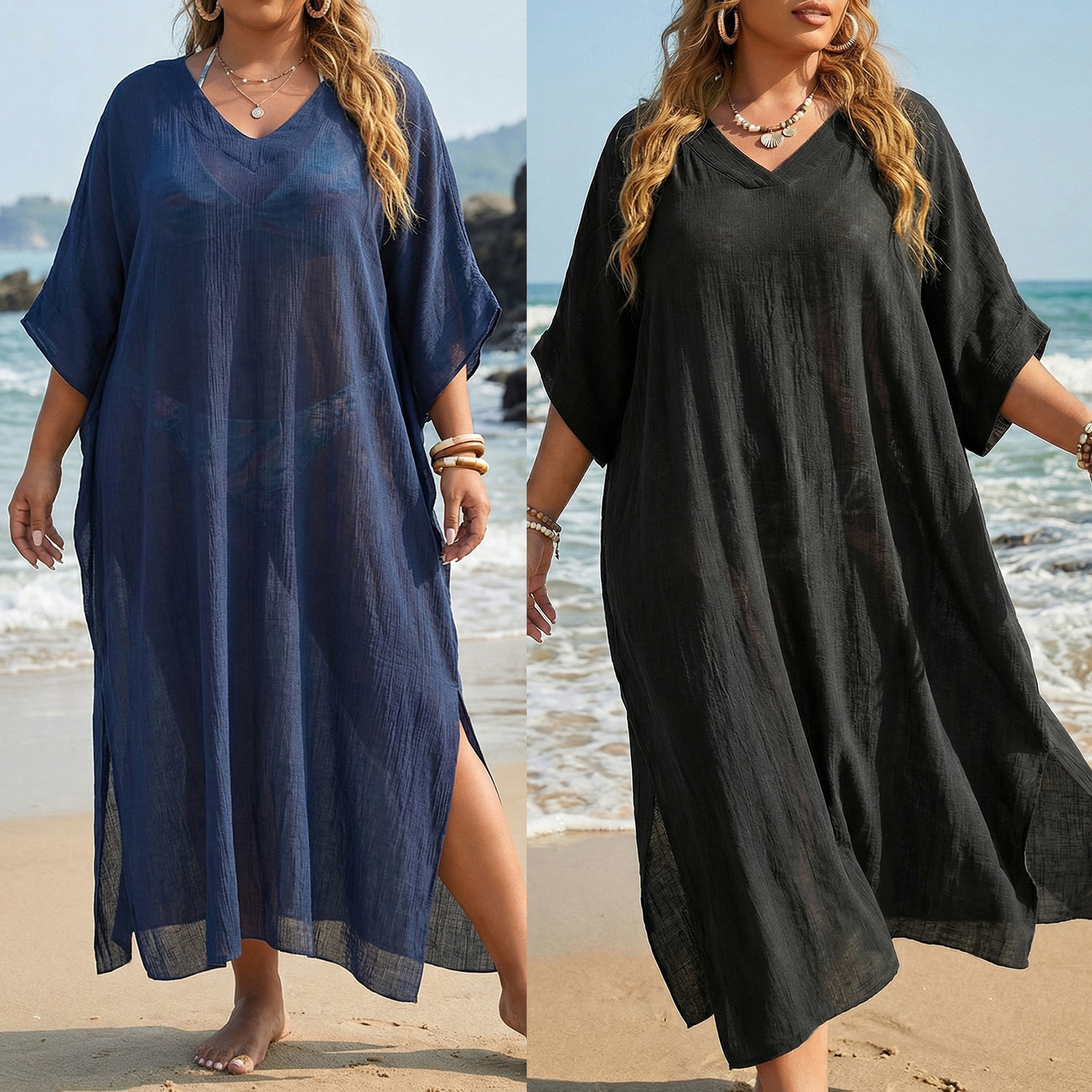 Beach Cover-Up Plus Size Women's Summer V-Neck Loose Casual Dress Split Floor-Length Beach Dress