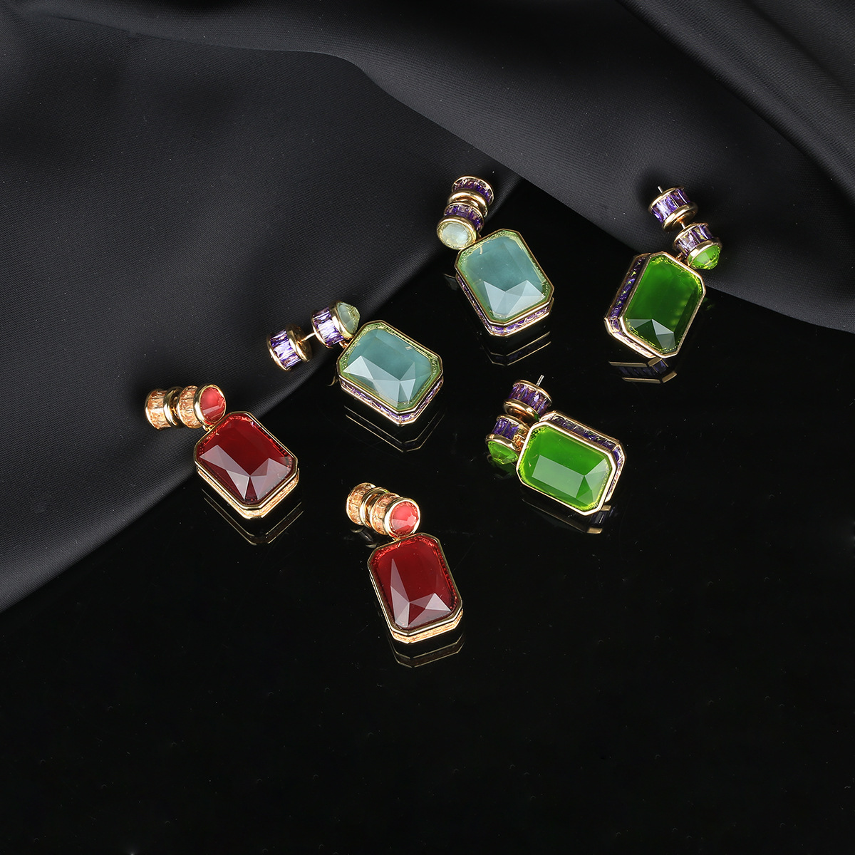 Long gemstone inlaid zircon earrings ear accessories Chinese style three-dimensional geometric earrings