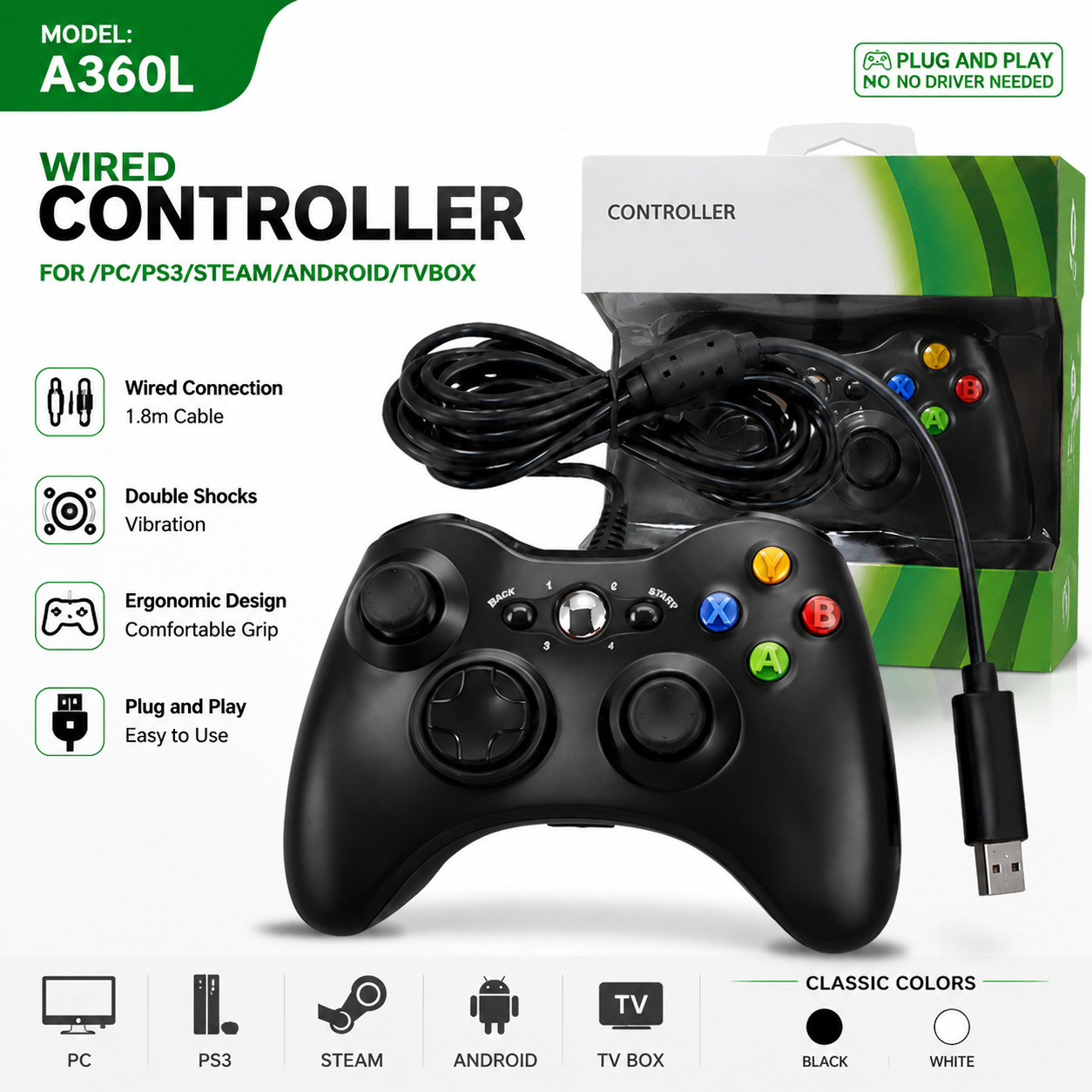 PC360 Multi-in-One 360 Wired Controller Android Wired Game Controller Compatible with PC PS3 TVBOX Android