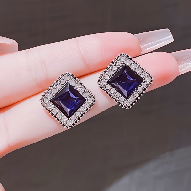 Blue crystal earrings square simple ear studs women elegant ear accessories