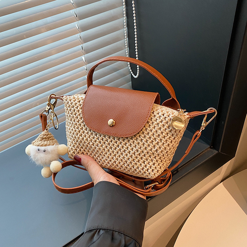 Summer Woven Bag with Lid, Patchwork Mini Straw Bag, Beach Vacation Pom-Pom Shoulder Bag