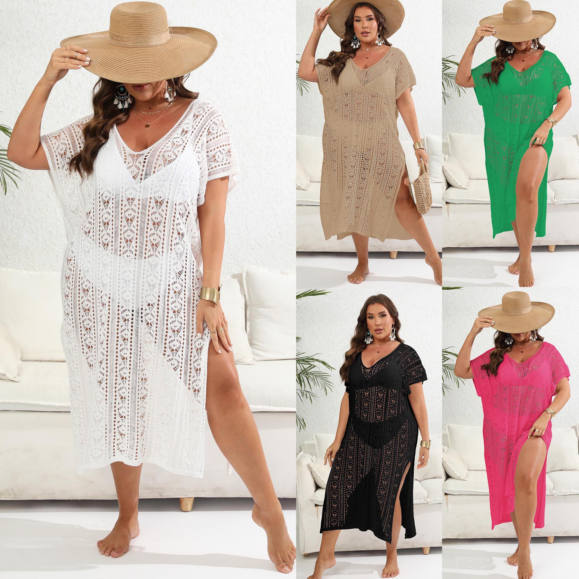 Women's Cover-Up Machine-Knitted Deep V Beach Bikini Cover-Up Vacation Dress 862