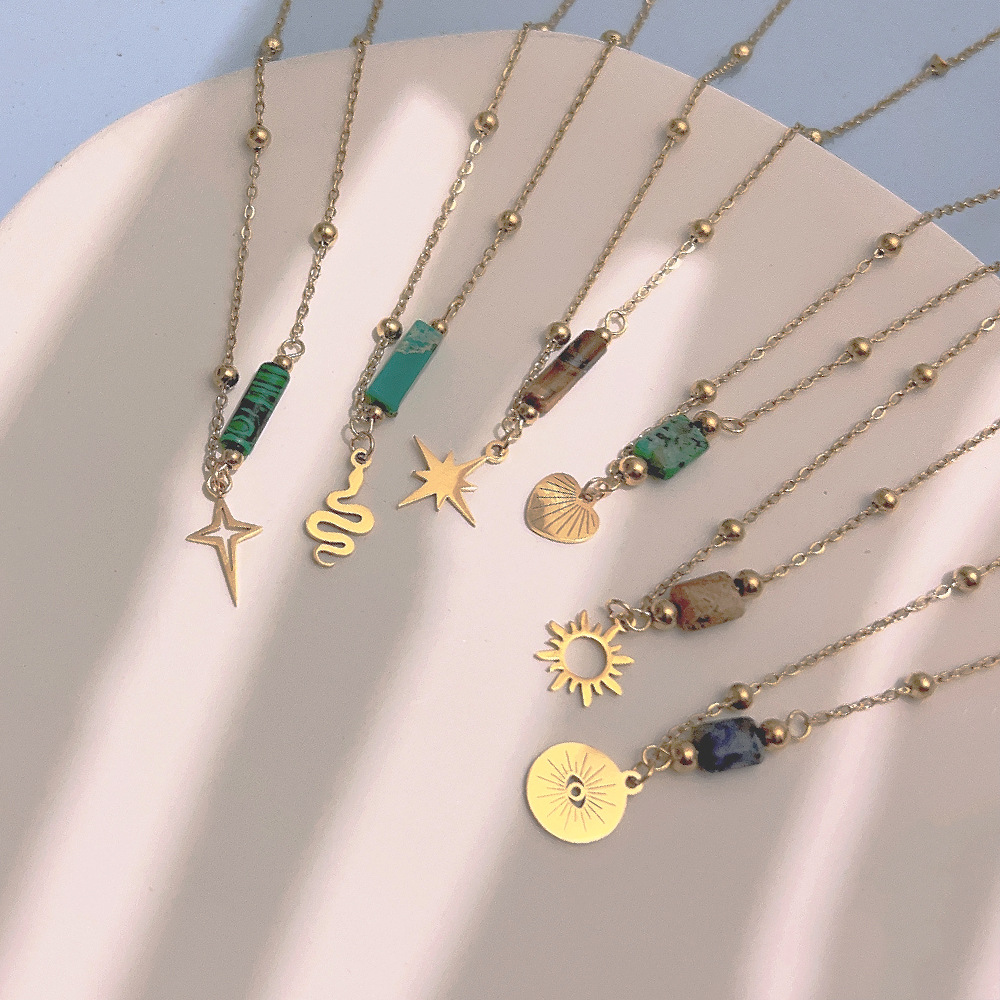 Sun Cobra Natural Stone Necklace for Women, Titanium Steel, Exclusive Jewelry, Stainless Steel Collarbone Chain