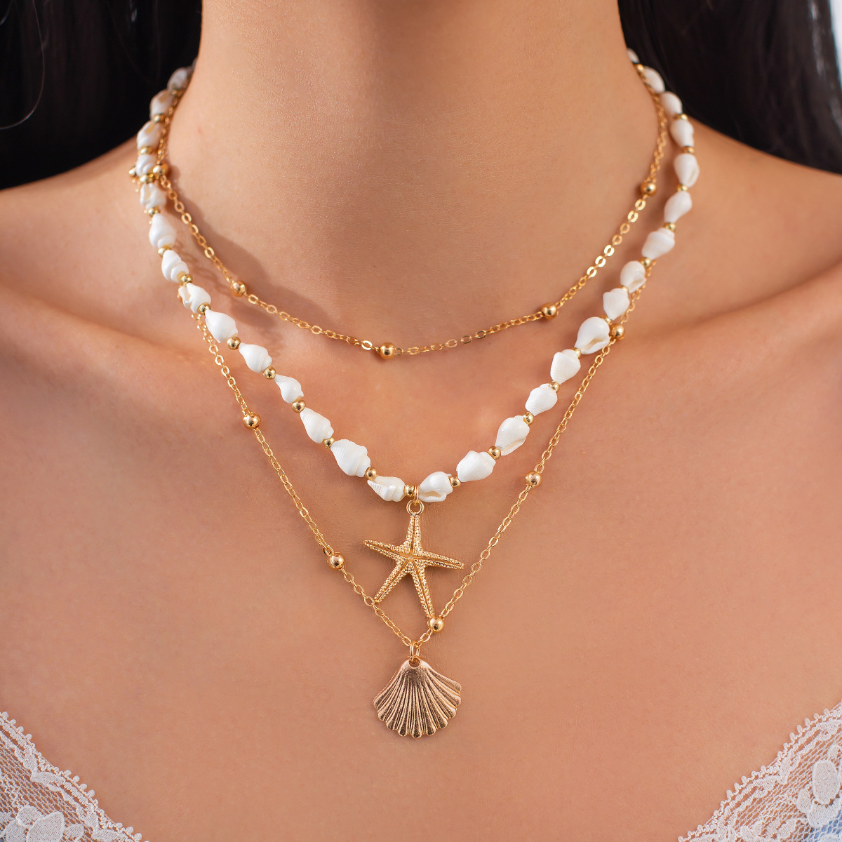 Ocean Vacation Style Starfish Scallop Shell Pendant Necklace Multi-layer Stacking Metal Chain Necklace