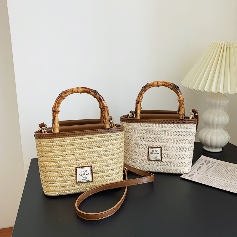 2024 Summer New Textured Bamboo Handle Woven Bag Thailand Travel Vacation Crossbody Straw Bag