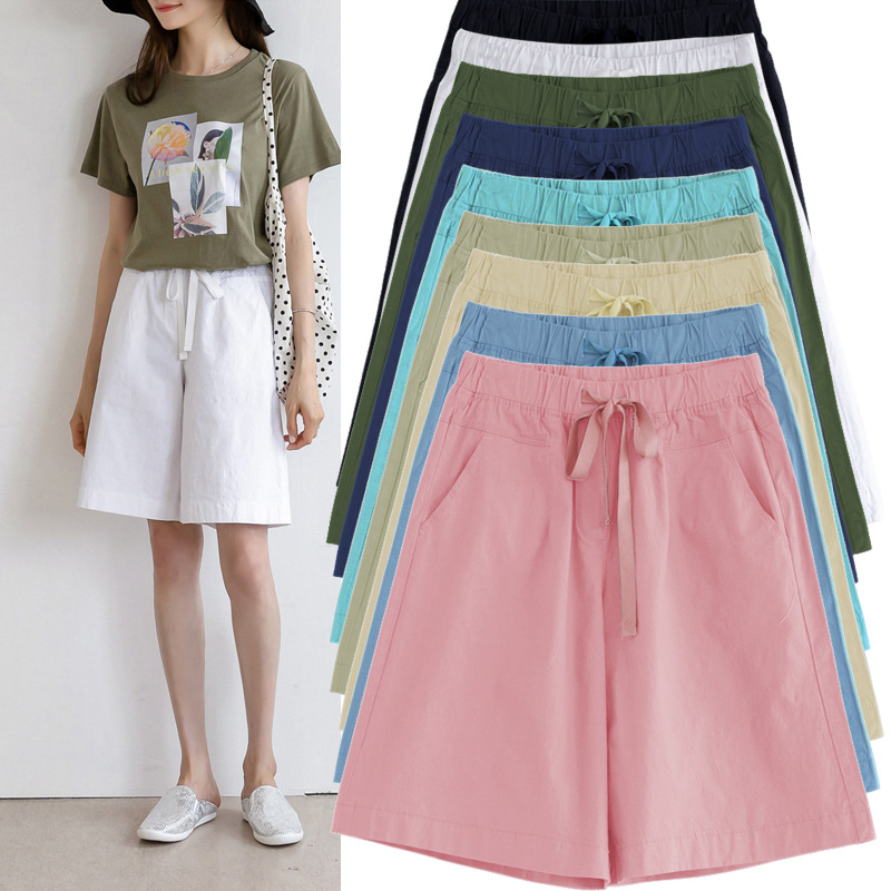 Spring and summer women mid-waist wide-leg five-tenths casual pants cotton spandex mid-elastic commute 200 jin women