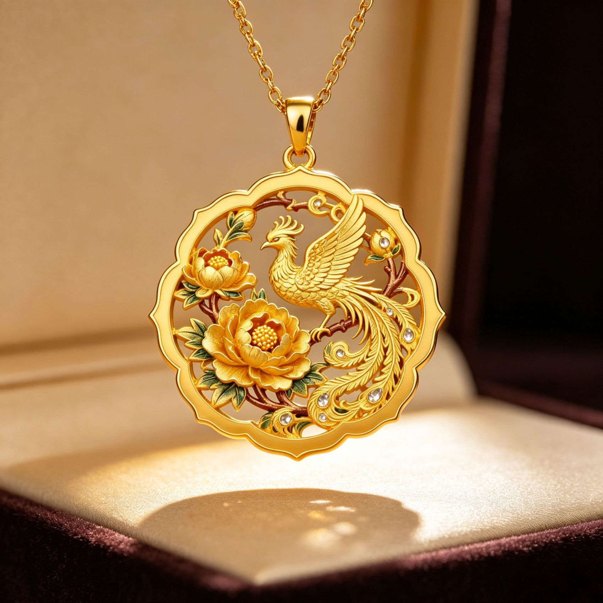 Peony phoenix auspicious gold necklace ancient style handmade phoenix pendant necklace cultural creative pendant phoenix necklace
