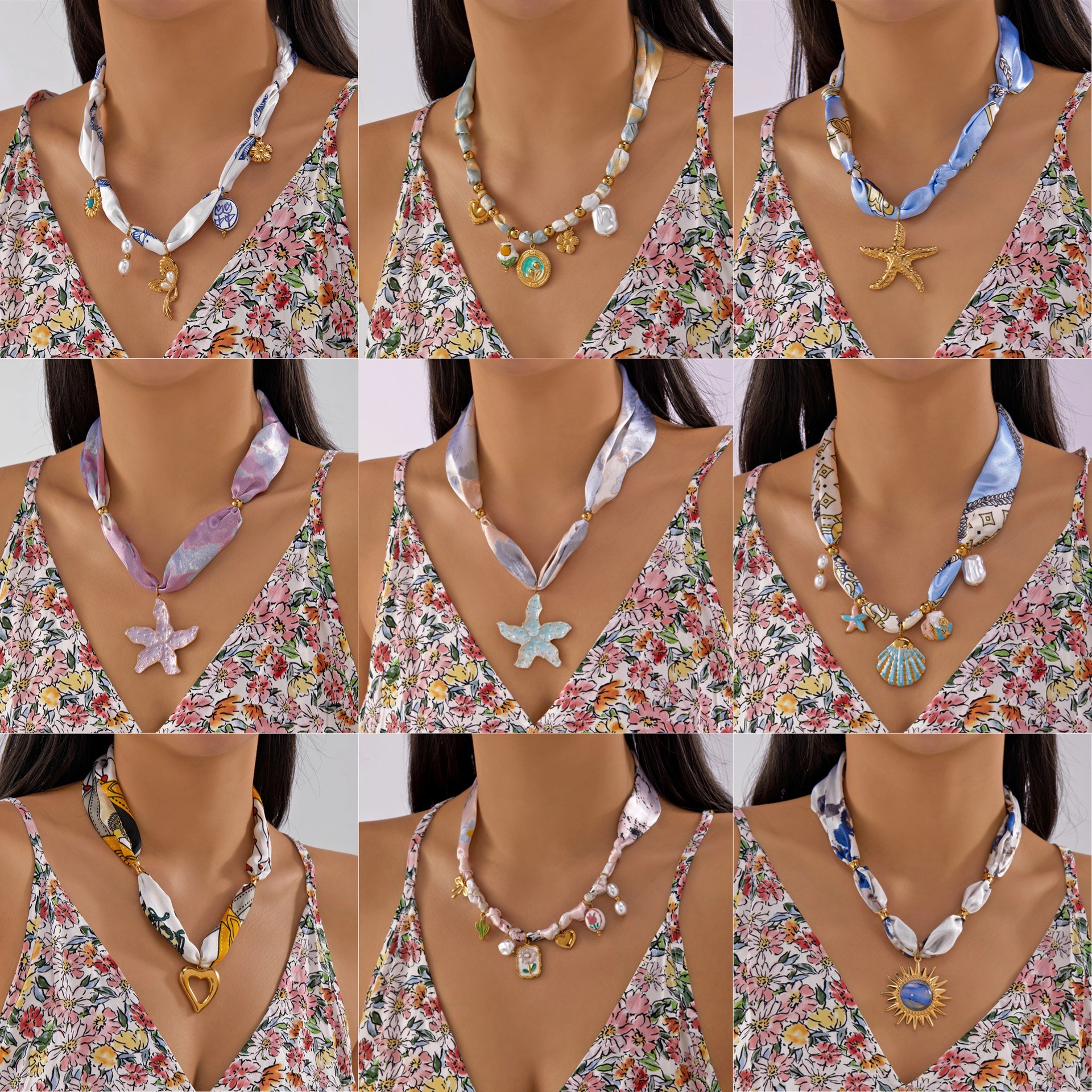 Flower Stainless Steel Pendant Ribbon Necklace Women Ocean Style Niche Stainless Steel Chain