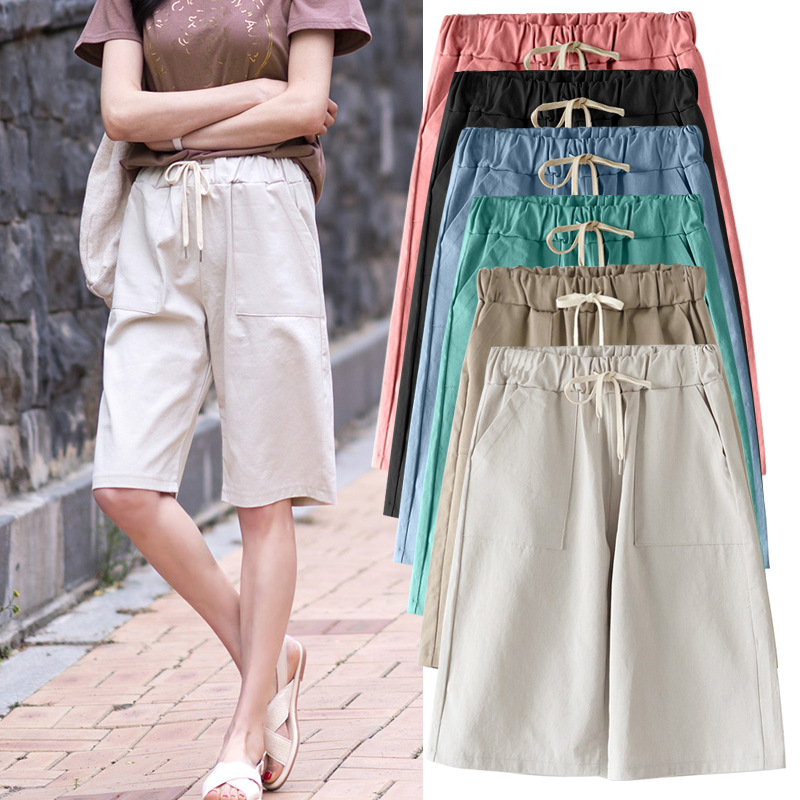 New shorts women summer thin high waist wide-leg 300 jin casual mid-length pants straight leg plus size elastic waist five-tenths pants women