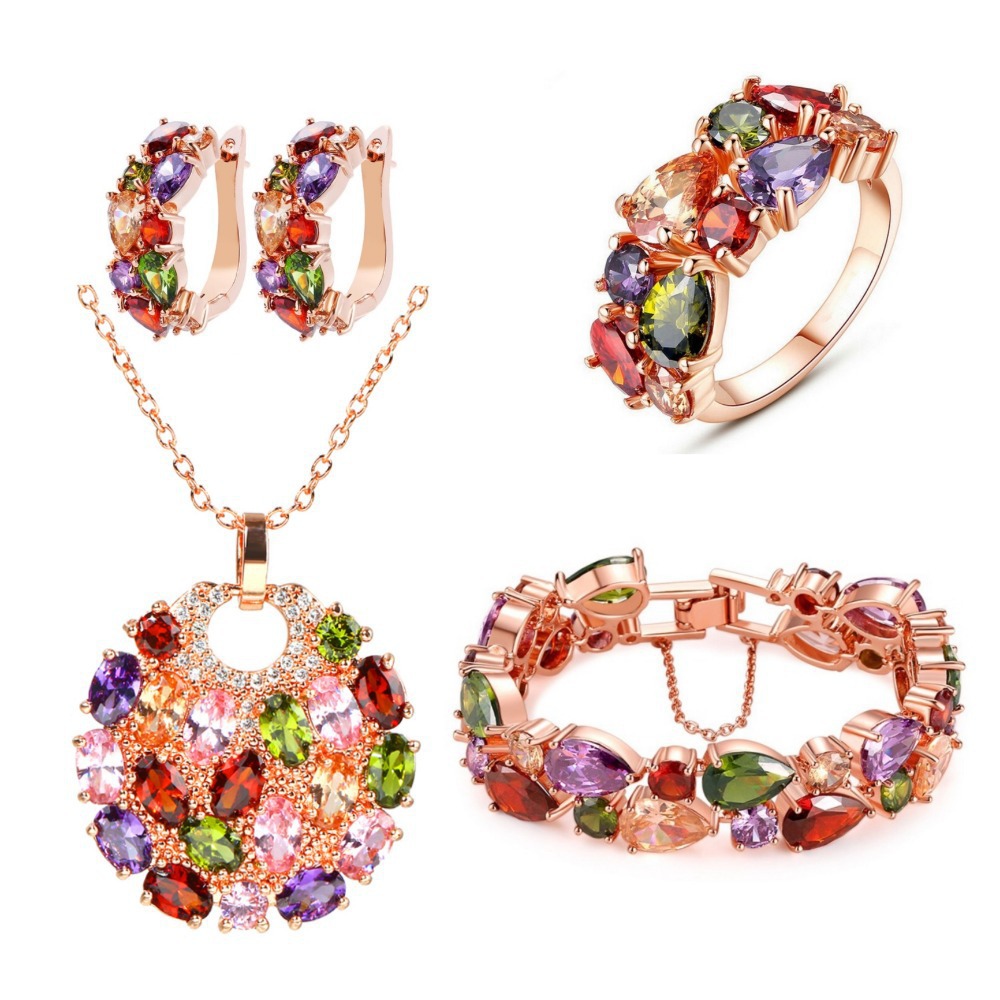 Colorful zirconia Mona Lisa series set, earrings, bracelet, necklace three-piece set, bridal wedding