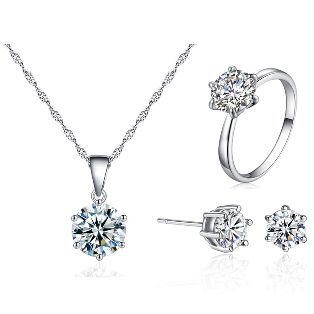 Simple Zircon Necklace Earring Ring Set Wedding Bride Accessory Women's Fresh Jewelry