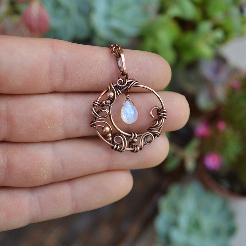 New Hollow Wrapped Red Copper Moon Pendant Small Teardrop Moonstone Necklace
