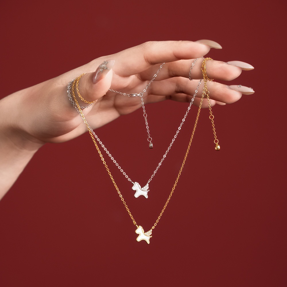 S925 sterling silver necklace for women, small horse shape delicate white mother-of-pearl small pendant sweater chain women's neck accessories