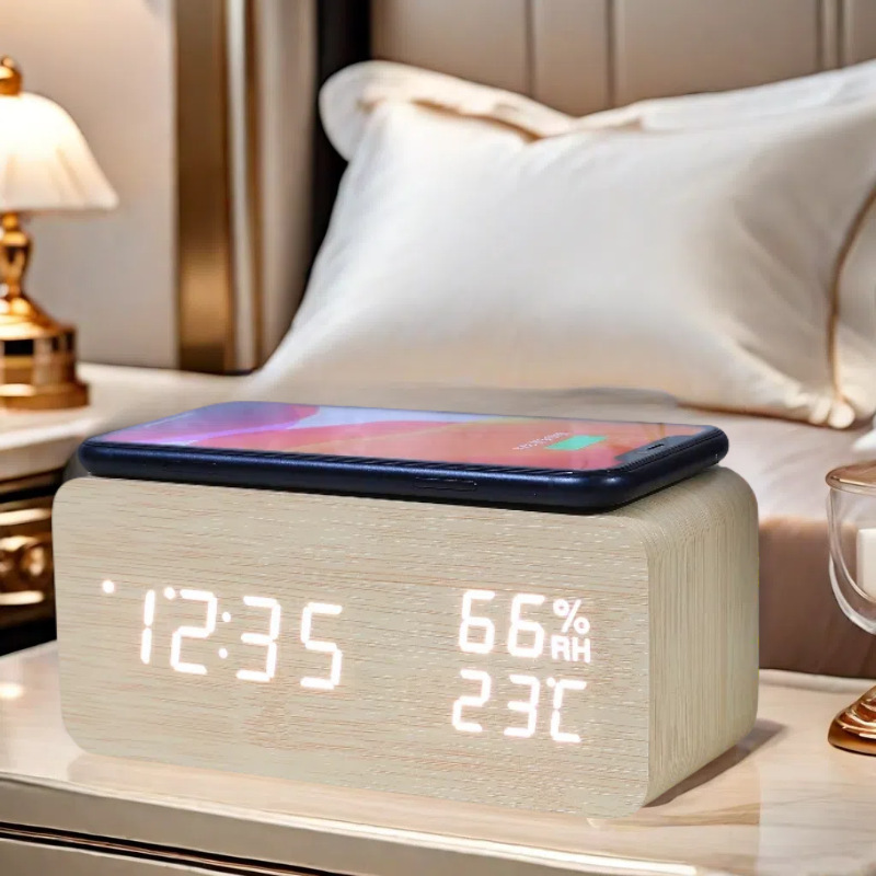 LED temperature and humidity wireless charging wooden clock, mobile phone wireless charging desktop silent electronic clock alarm clock