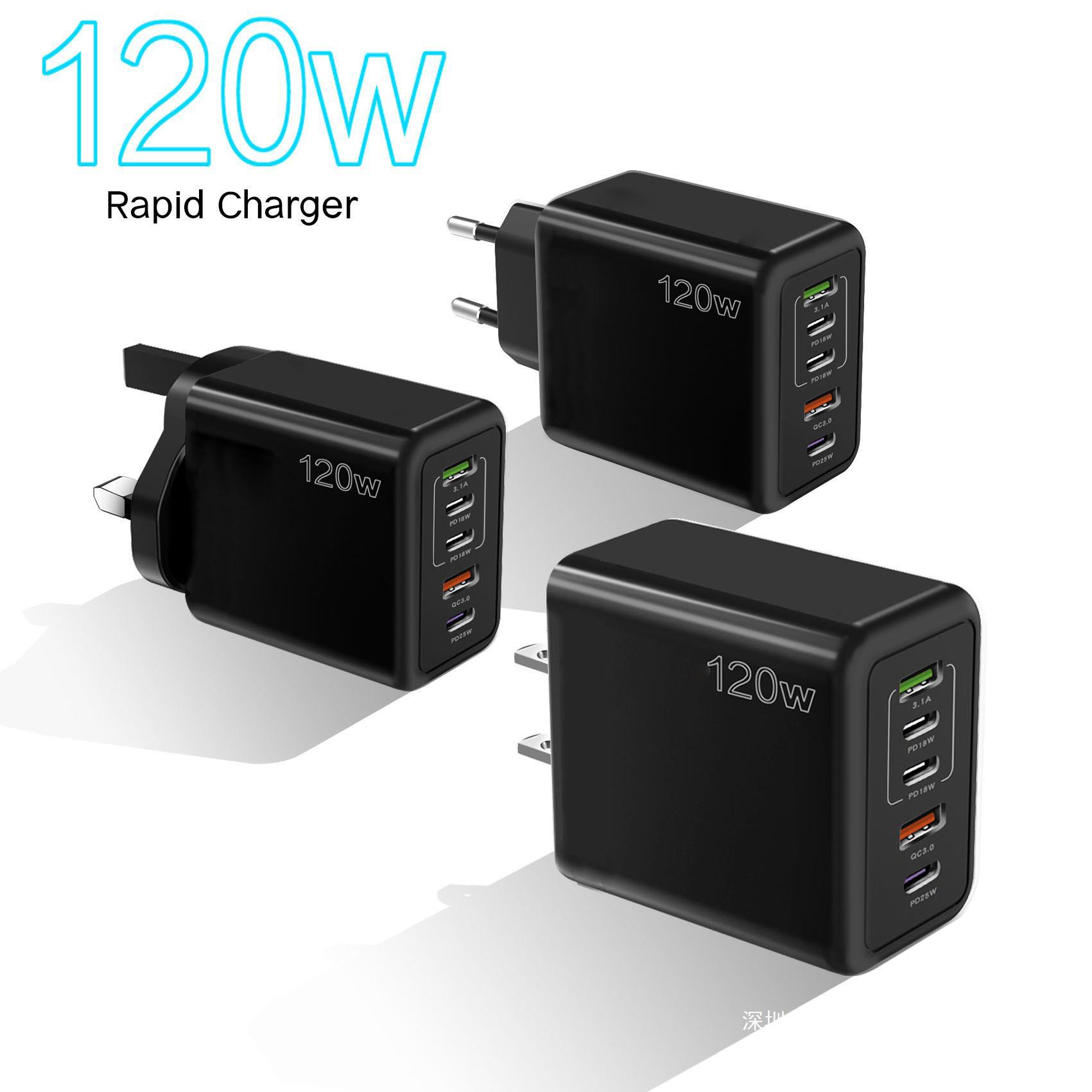 Exclusive 3PD+2USB Phone Charger Multi-Port Fast Charger UK/HK Plug 120W Adapter