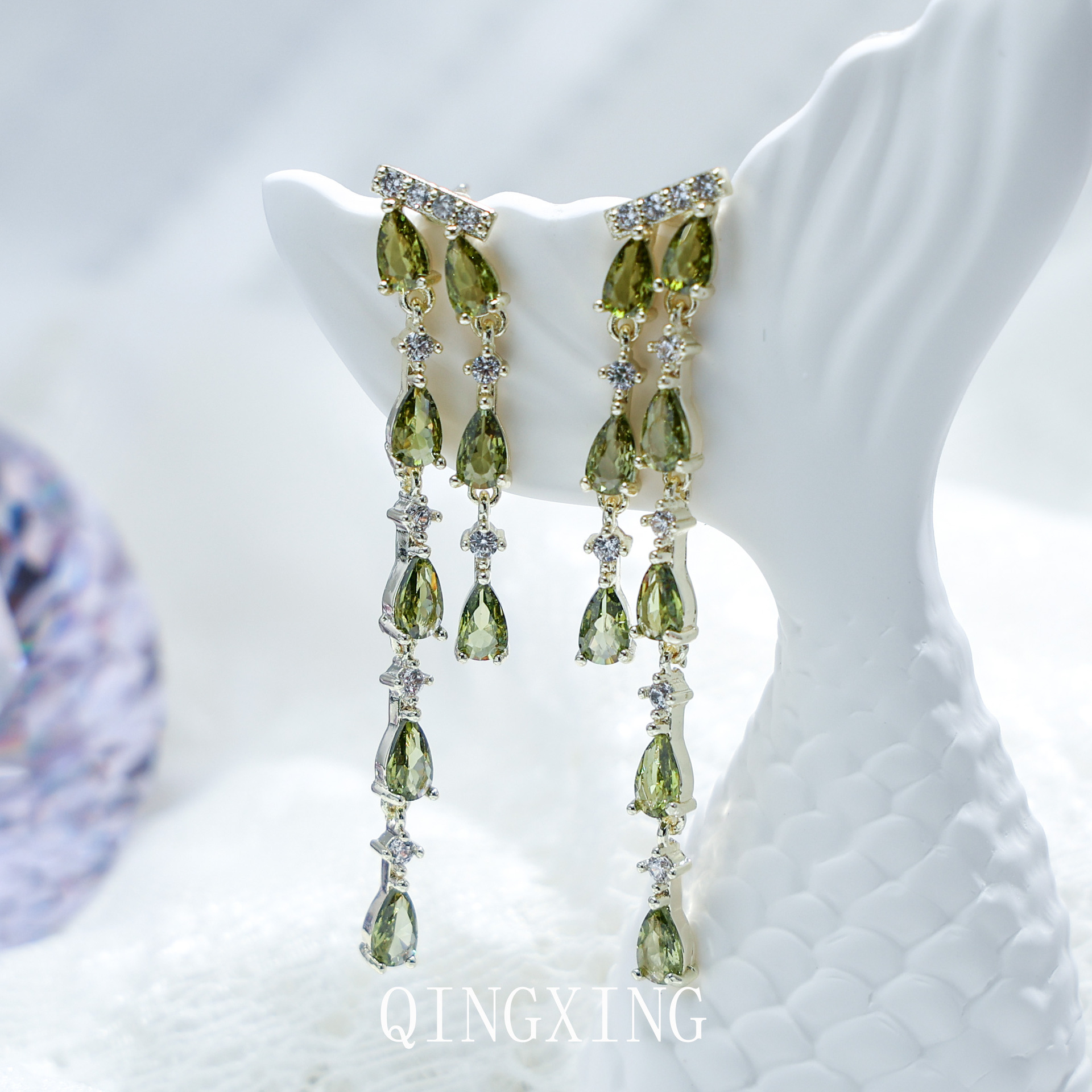Fresh Small Olive Green Zirconia Tassel Earrings Long Drop Earrings Women's Ear Jewelry