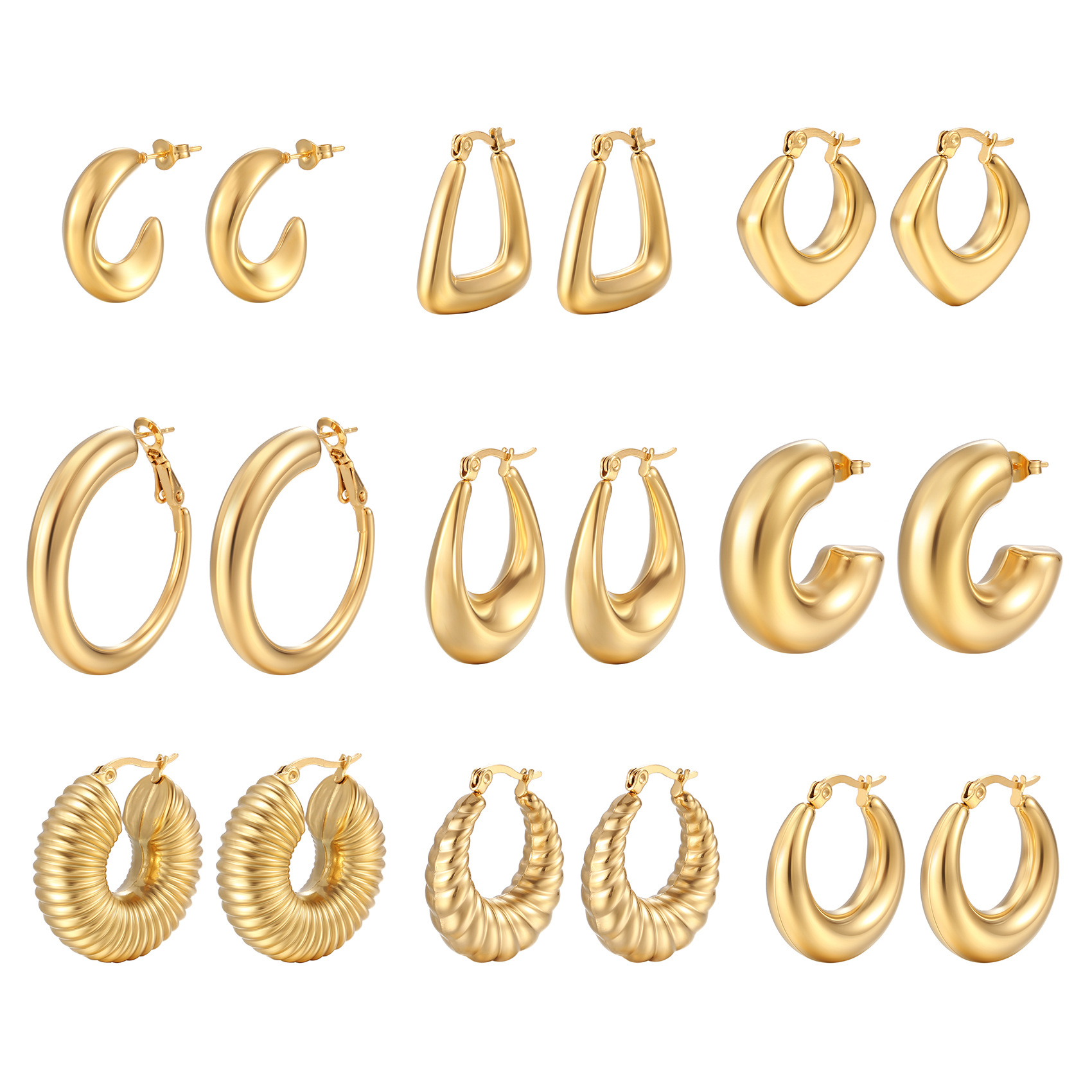 Round stainless steel hollow earrings, oval for women, electroplated 18K earrings earrings