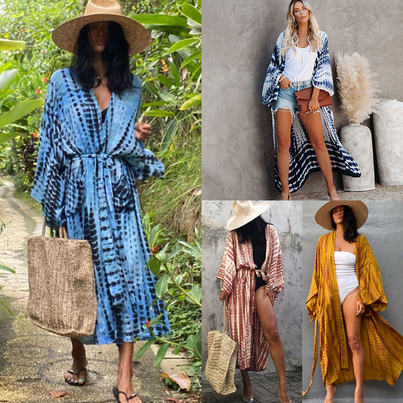 New Rayon Printed Cardigan Loose Sun Protection Beach Jacket Cardigan Bikini Swimsuit Cover Up Outer Layer