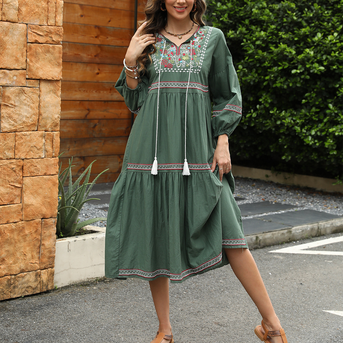 Cotton-linen long sleeve ethnic style lantern sleeve loose A-line belly-covering mid-length dress #793