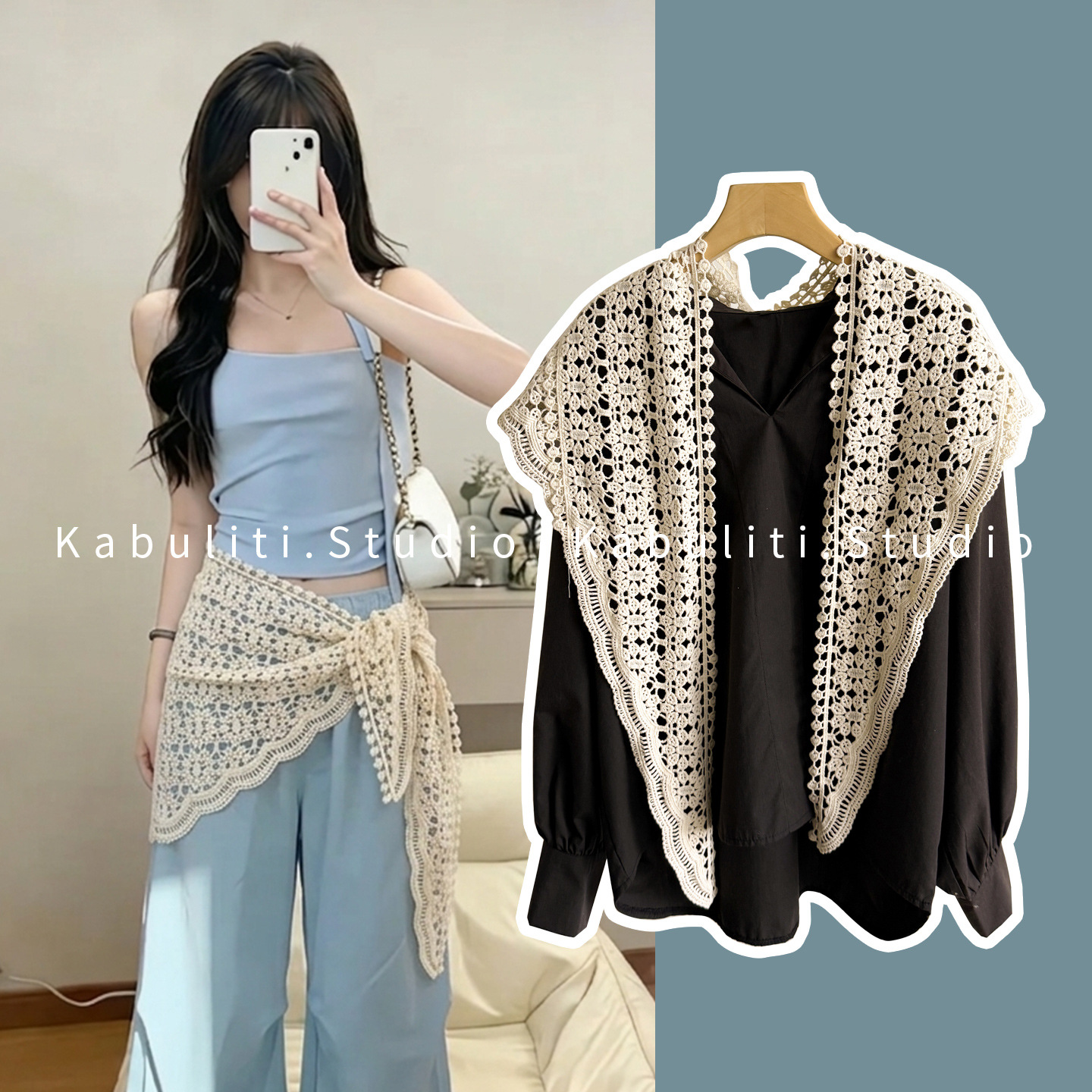 Lace hip skirt, niche style belt new girl waist scarf, hollow small triangle scarf shawl