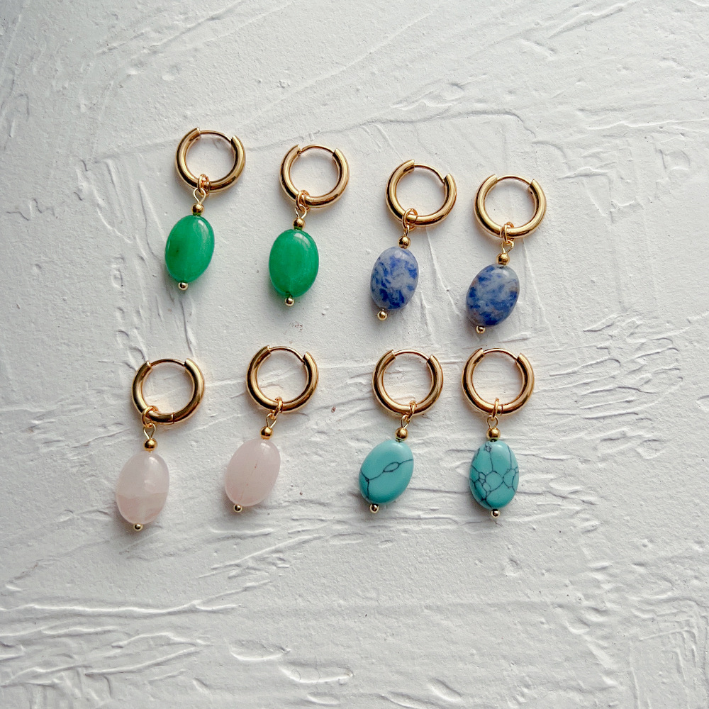 Oval-Shaped Earrings with Wind-Style Clasps, Titanium Steel and Natural Stone