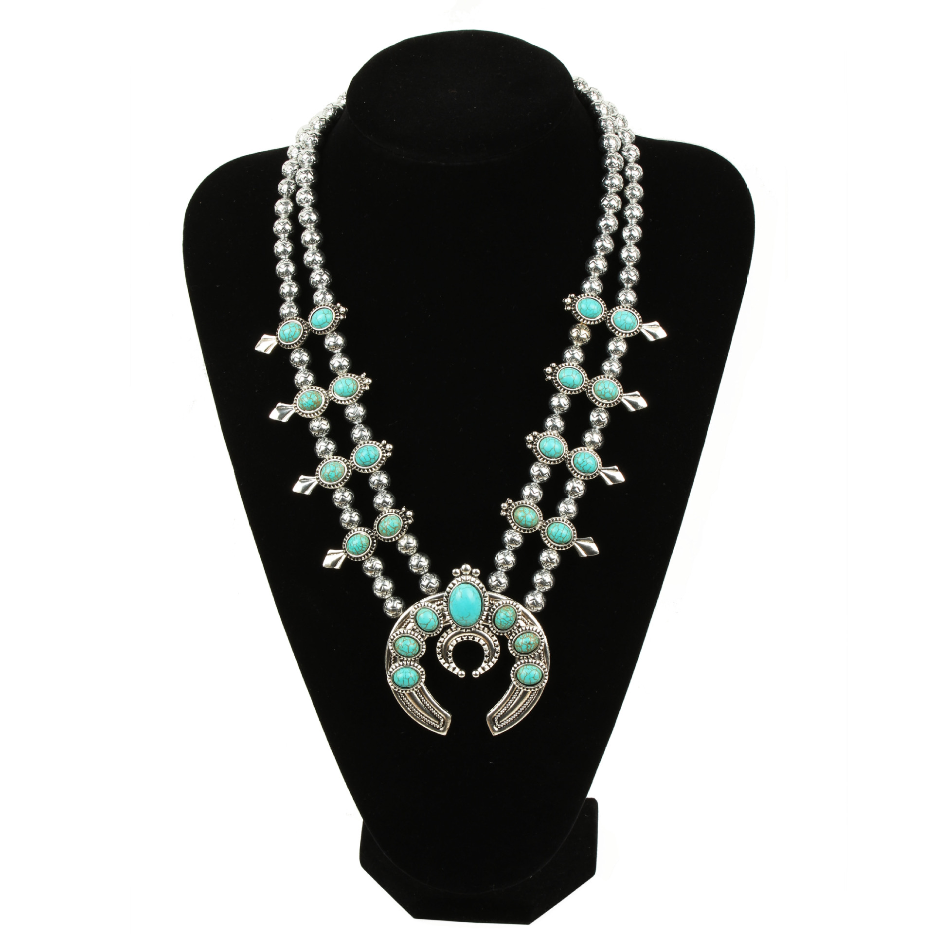 New turquoise necklace multi-layer handmade beaded long alloy crescent moon pendant