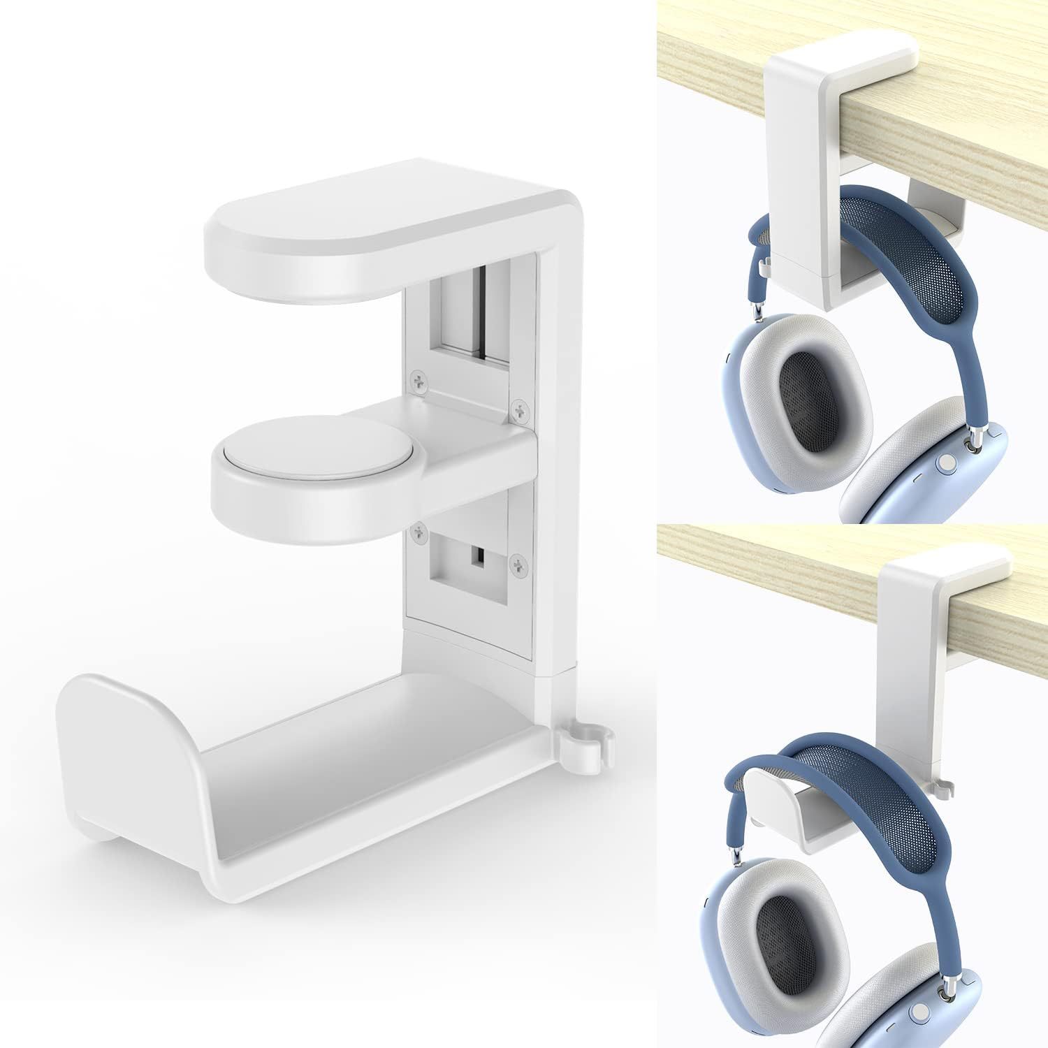 Gaming headset headphone hook stand with adjustable rotating arm clip, under-desk design