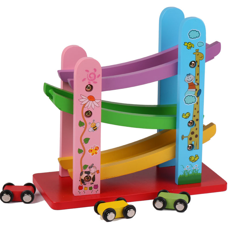 Wooden Three-layer Rapid Racing Car Gliding Car Children's Slide Track Flying Car Toy for Boys and Girls Slide Inertia Car