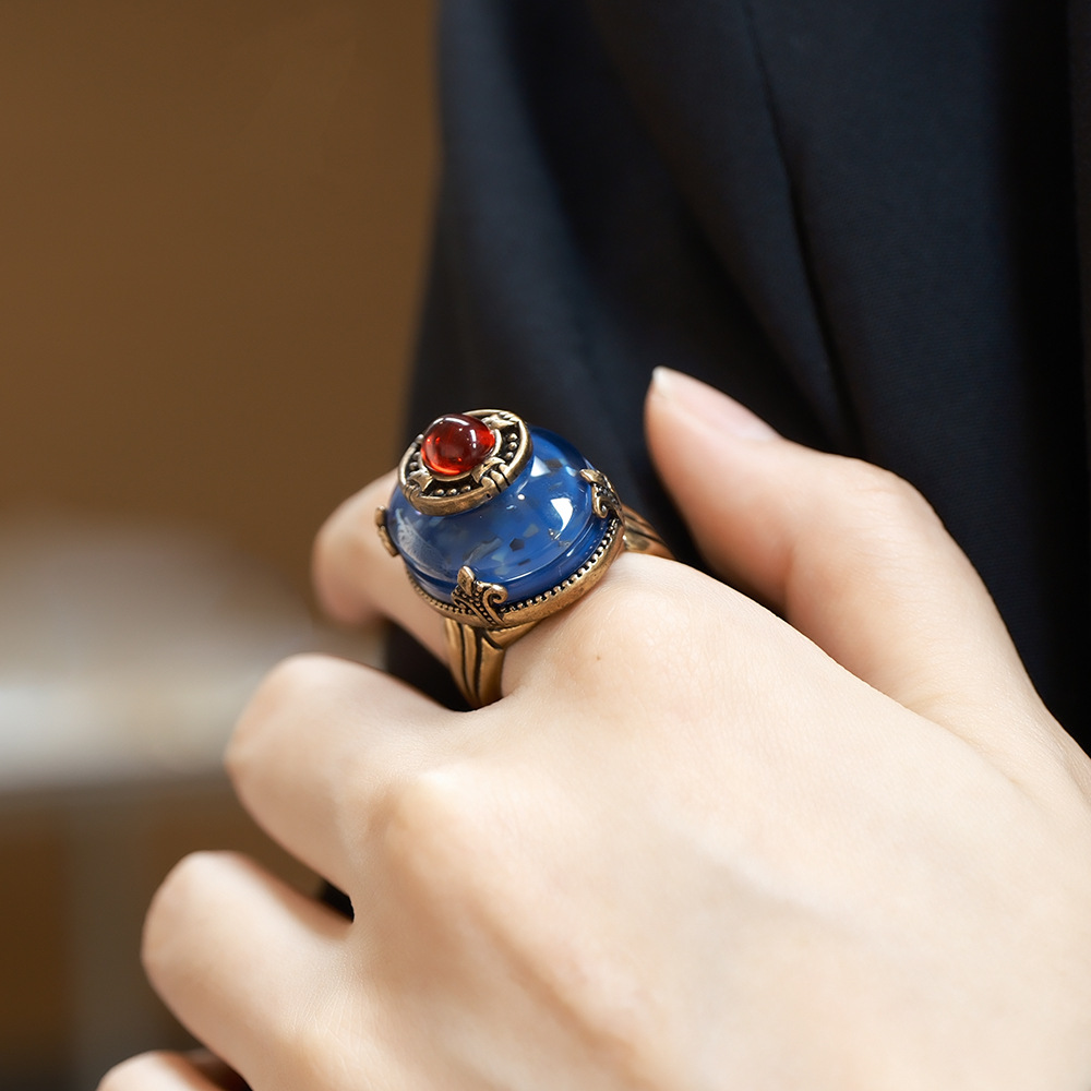 European Series Blue Glass Brass Vintage Ring for Men and Women Finger