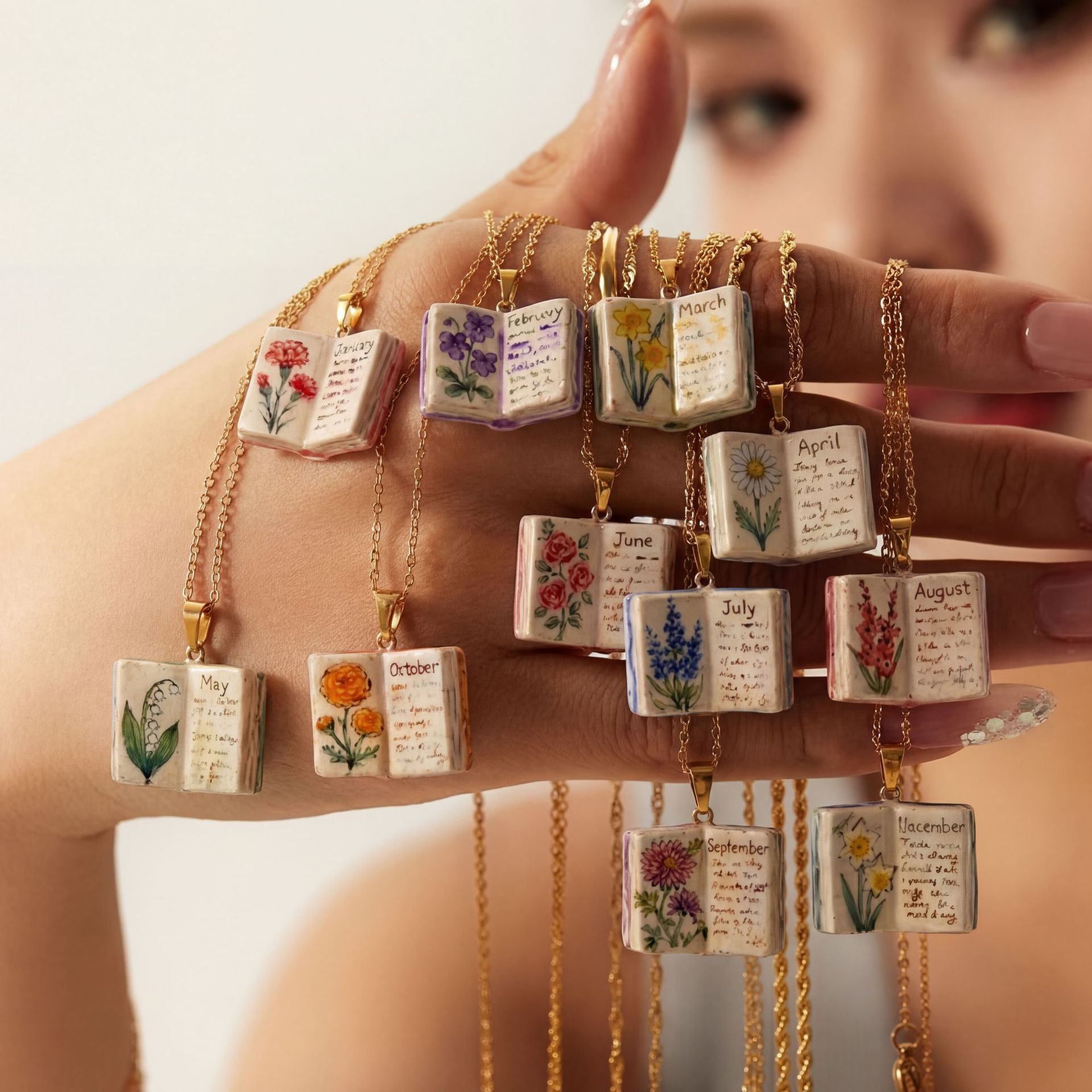 New December imitation porcelain book necklace, exquisite and compact copper-plated