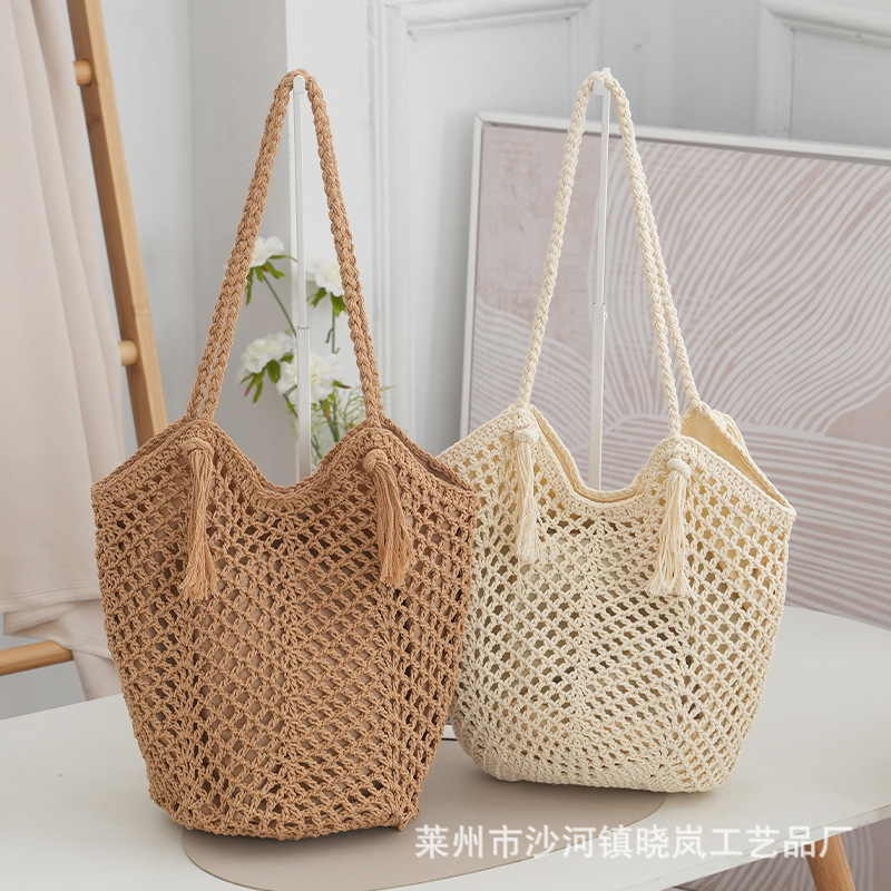 Cotton woven bag hook woven tote bag tassel shoulder bag knitted bag beach bag women's commuting tassel bag