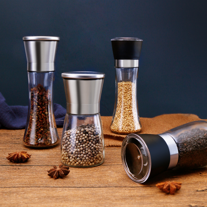 304 stainless steel pepper grinder household Sichuan pepper sea salt grinding bottle glass seasoning bottle manual grinder