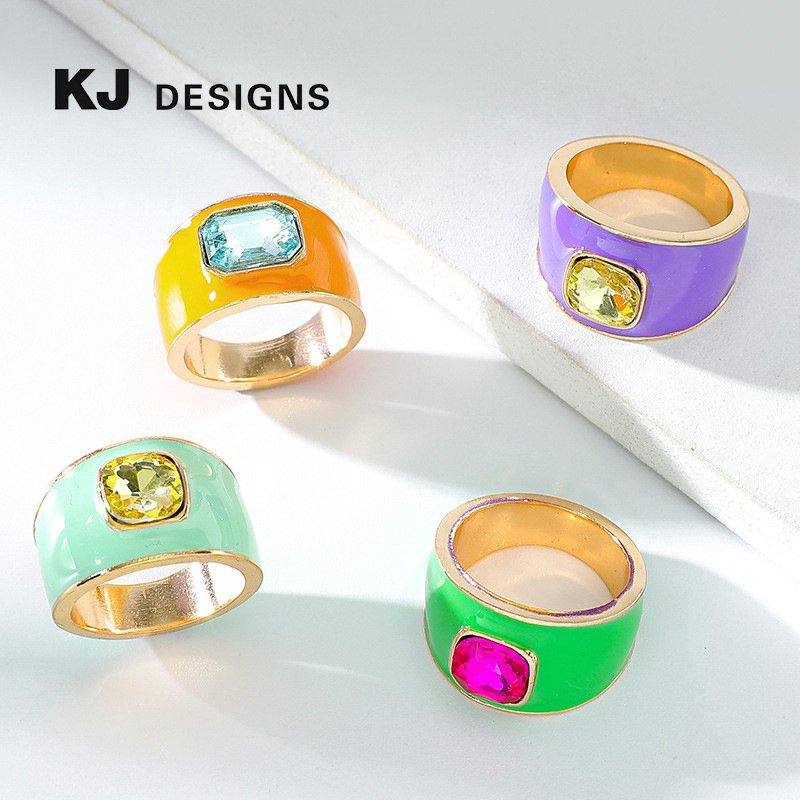 Kenjie SS2024 summer enamel rhinestone seal ring for women joyful colorful ring