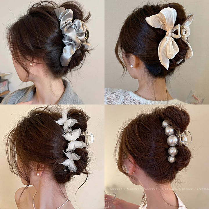 Satin large claw clip for women 2026 pleated back of head bun shark clip hair clip hair accessory