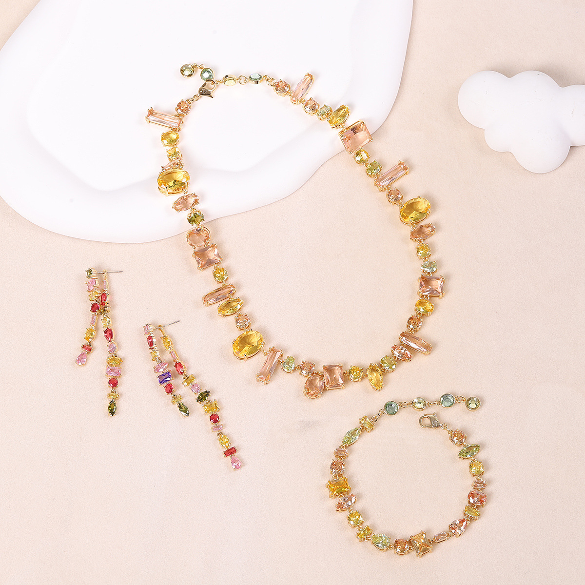 Set micro-set zircon necklace bracelet s925 silver needle earrings colorful