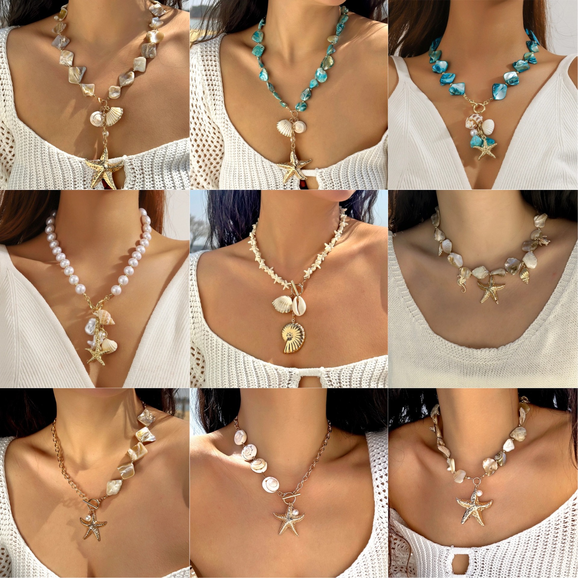 New Starfish Shell Beaded Necklace Imitation Pearl Beaded Layered Gold Necklace Niche Accessories Women