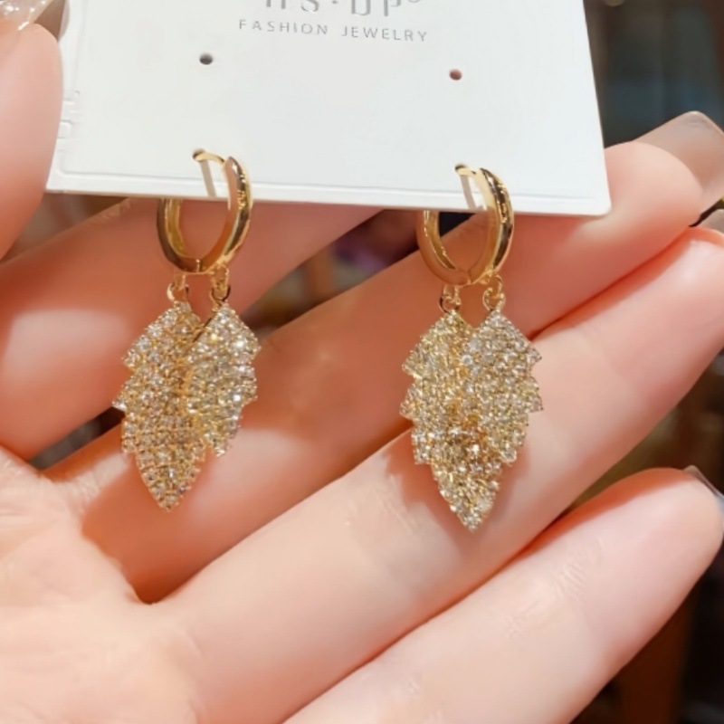 Sparkling rhinestone leaf tassel ear cuff women niche earrings new leaf ear accessories women