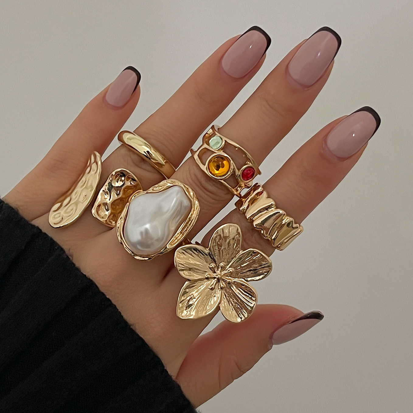 Liquid Lava Flower Open Ring Baroque Imitation Pearl Gemstone Ring