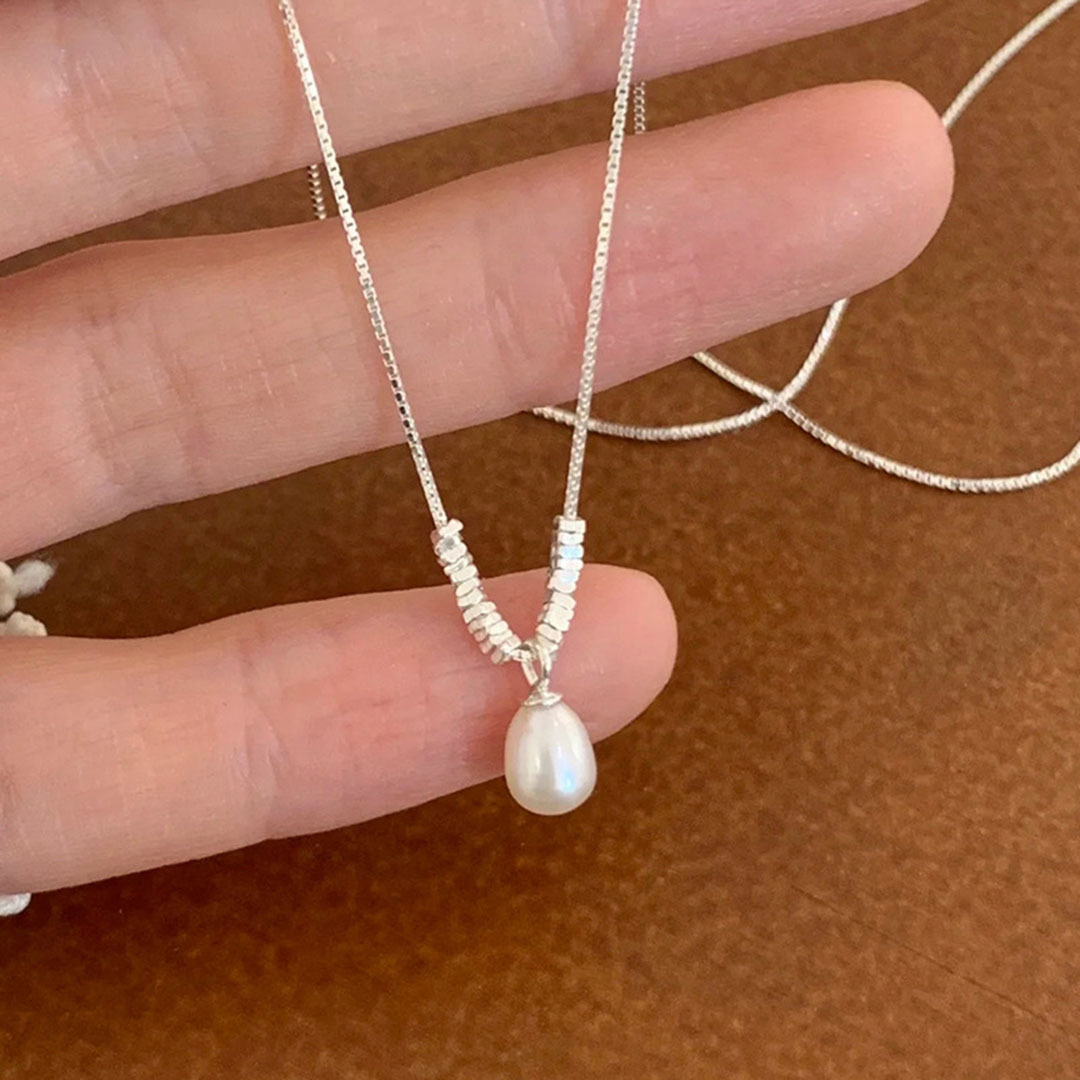 S925 Sterling Silver Crushed Silver Natural Freshwater Pearl Pendant Necklace Women Niche Collarbone Chain