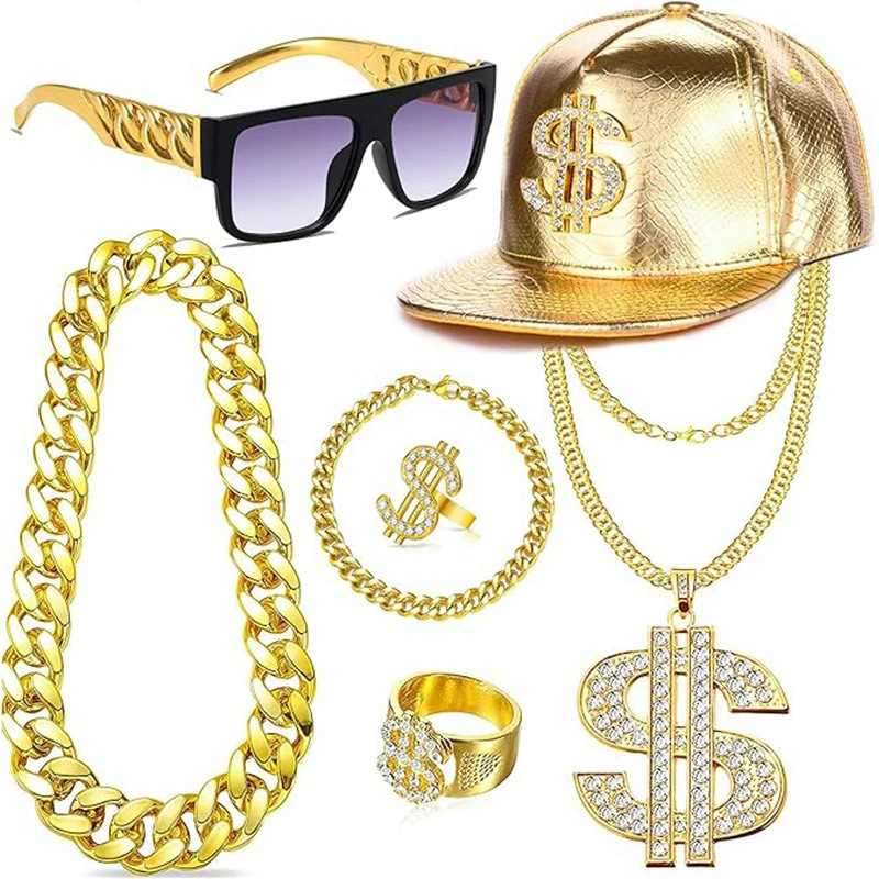 Hip Hop Punk Elvis Sunglasses 18k Gold Plated Dollar Bill Necklace Fisherman Hat Accessory Set