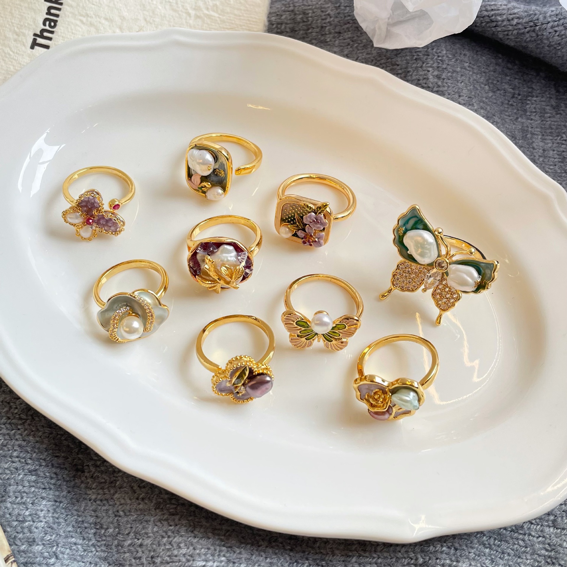 NALA Drip Glaze New Chinese Style Open Ring Niche Pearl Ring Hand Jewelry Ring