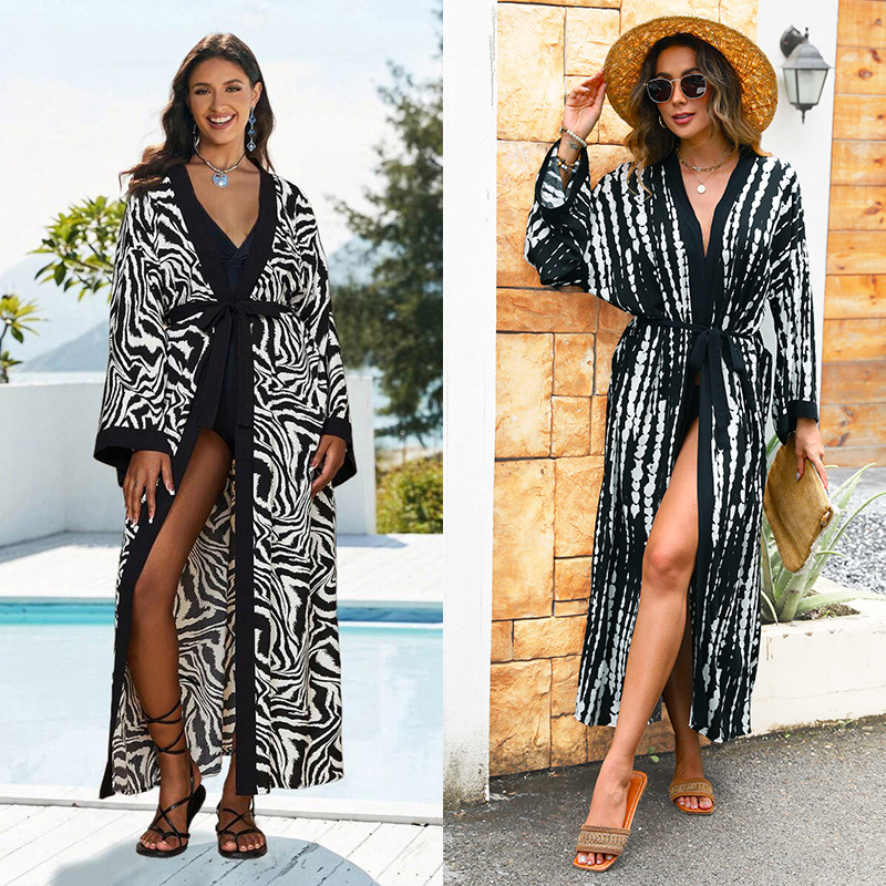 2025 New Cotton Printed Beach Sun Protection Cardigan Seaside Vacation Bikini Cover Up Swimsuit Outer