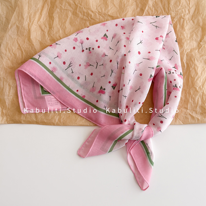 Silk scarf women's cotton linen small square scarf, sweet crushed flower headwrap sun protection decorative photo air-conditioned room shawl