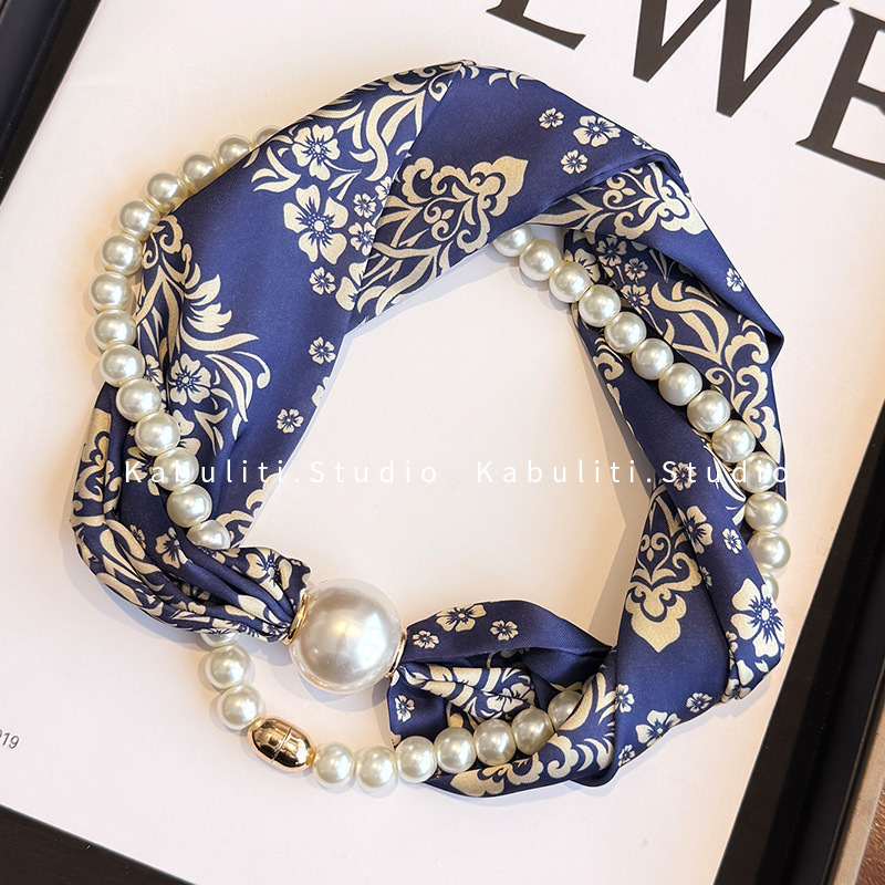 Magnetic buckle pearl necklace narrow small long strip silk scarf women neck protection matching shirt neck scarf gauze scarf thin scarf
