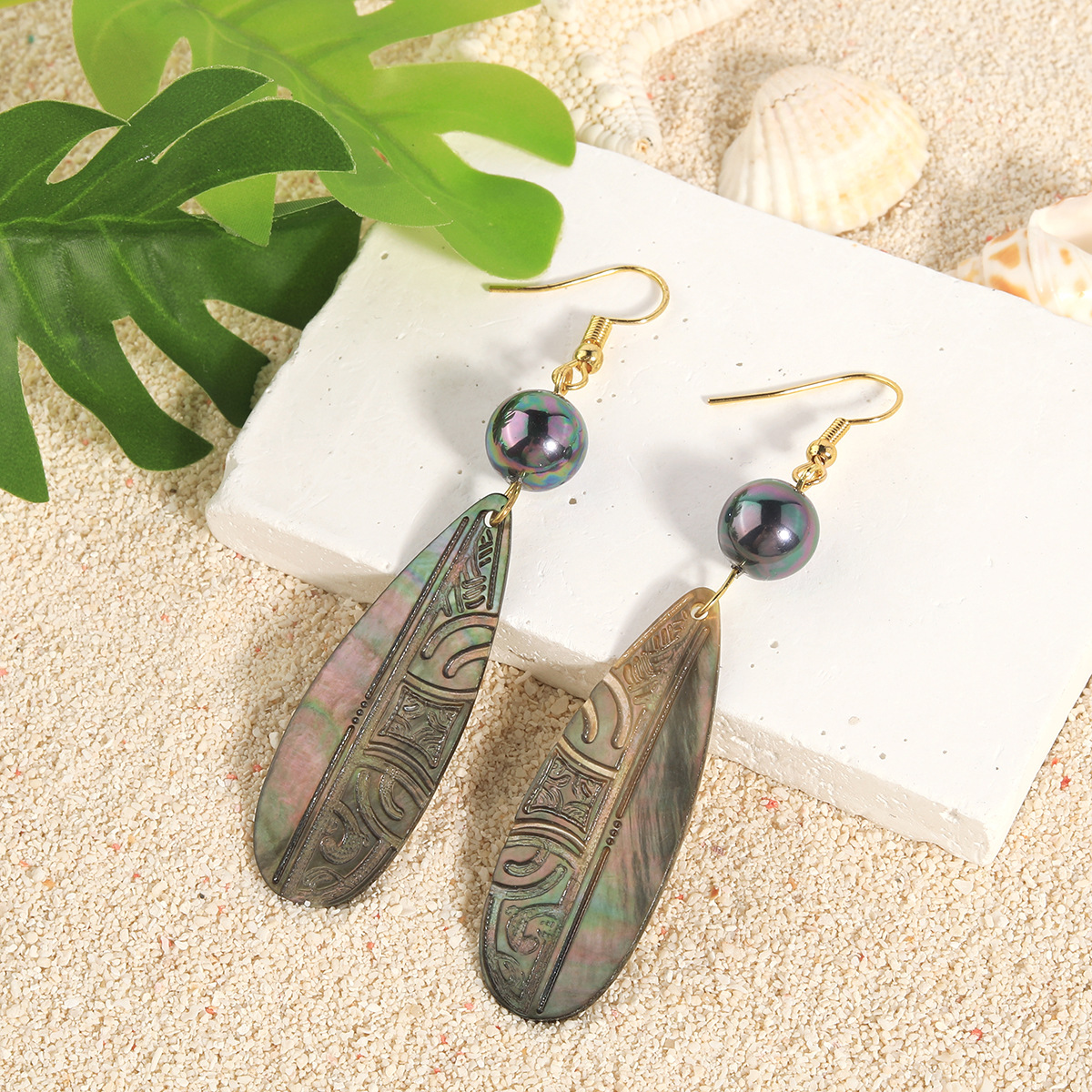 Natural Drop Shell Earrings Carved Shell Pearl Ear Hook Earrings