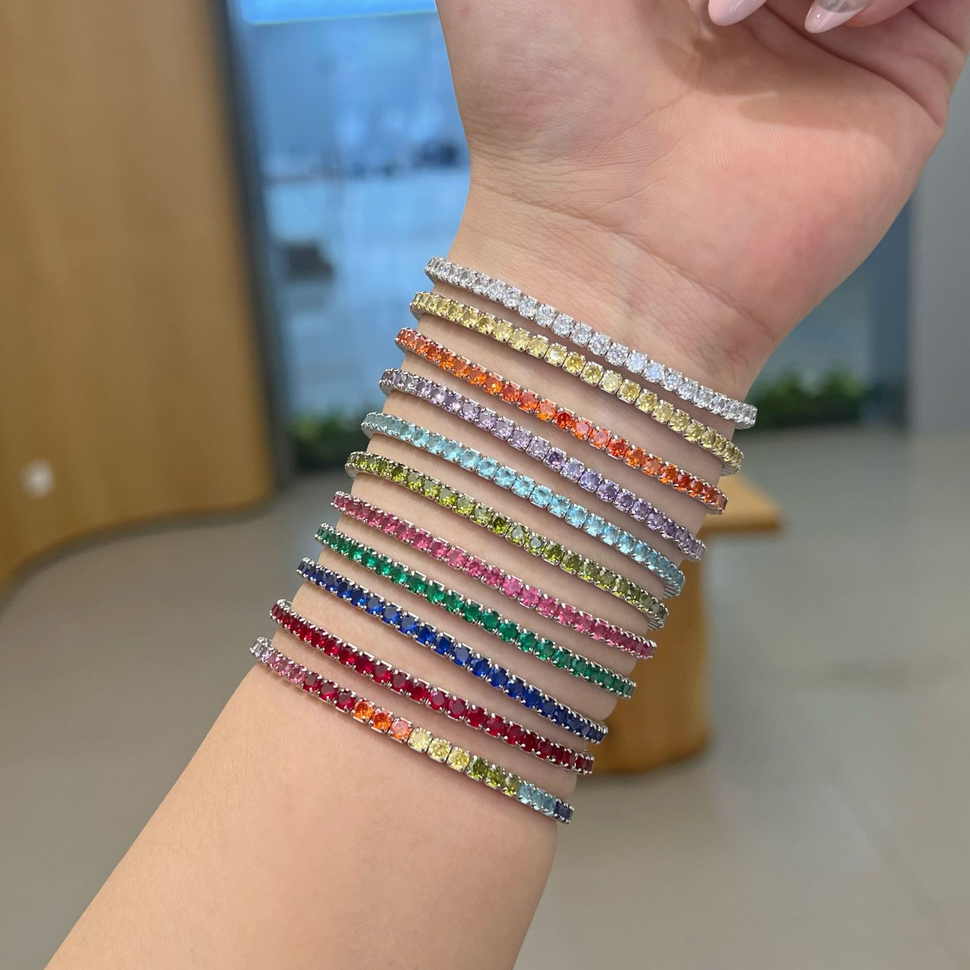 Live S925 sterling silver tennis bracelet for women, colorful zircon elastic rope full diamond banquet hand accessories wholesale