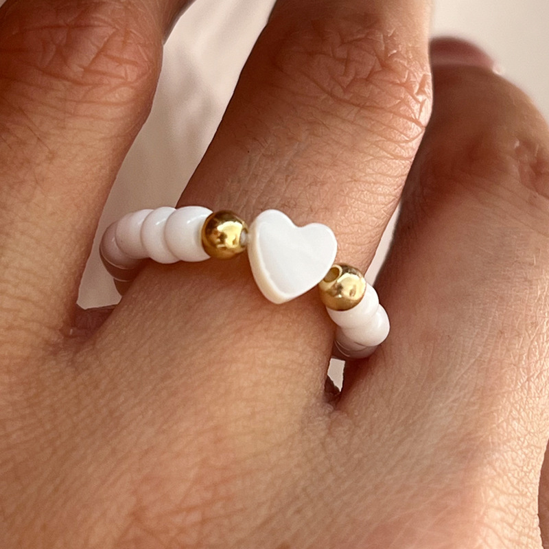 Rongshang Handmade Beaded Ring White Rice Bead Shell Love Heart Five-Pointed Star Ring for Women Accessory