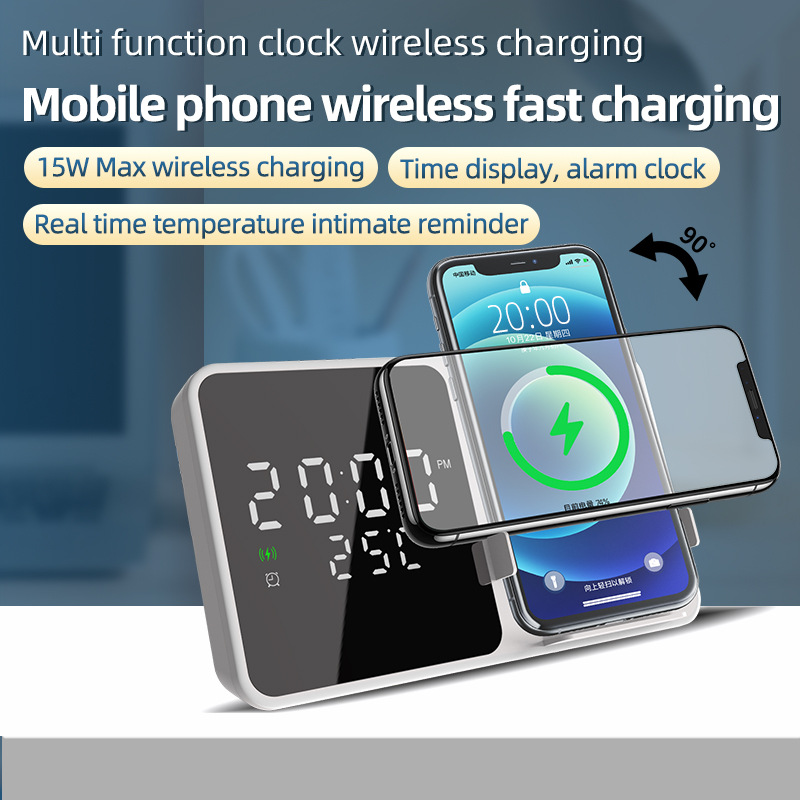2026 New 15W Clock Alarm Wireless Charger Phone Stand Wireless Fast Charger Thermometer Wireless Charger
